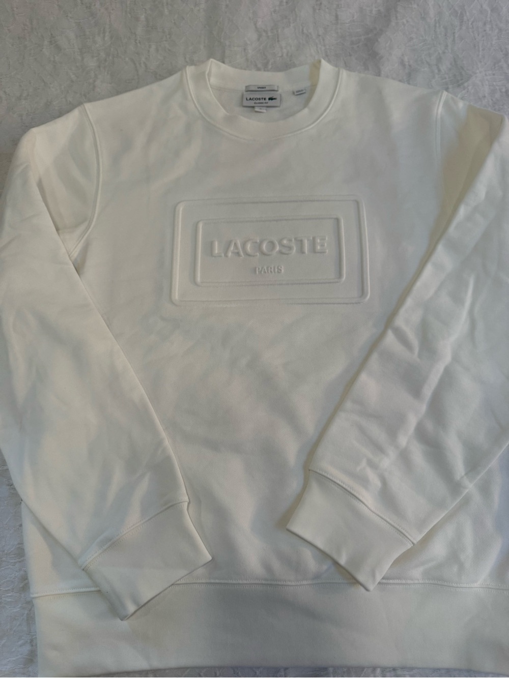 Lacoste Paris Sweatshirt Unisex Medium Ivory Embossed 3D Logo Classic Fit